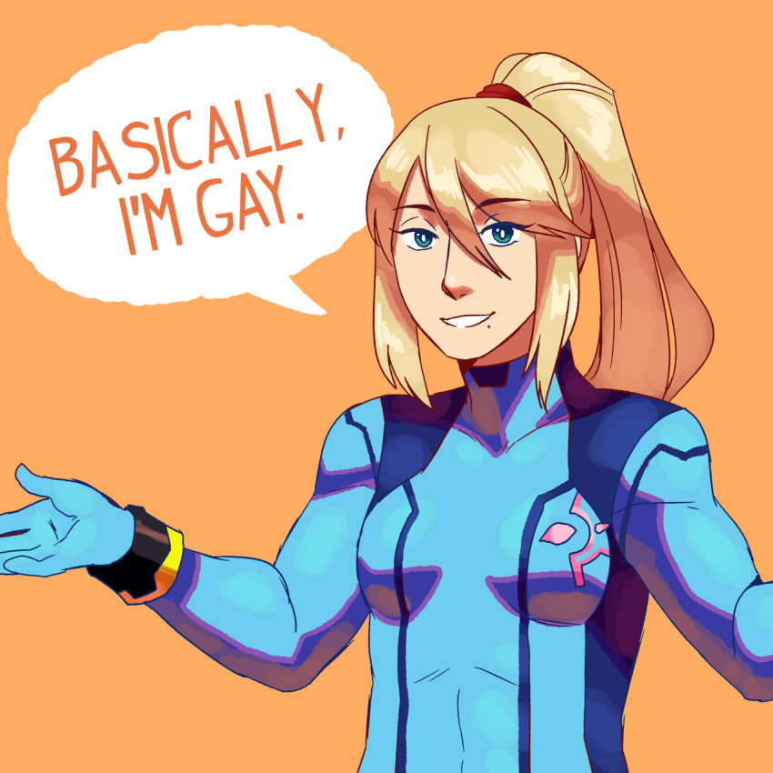 1girl blonde_hair blue_eyes bodysuit breasts english_text eyebrows eyebrows_visible_through_hair frogbians long_hair looking_at_viewer medium_breasts metroid nintendo orange_background parted_lips ponytail samus_aran simple_background smile solo standing text_focus tied_hair zero_suit