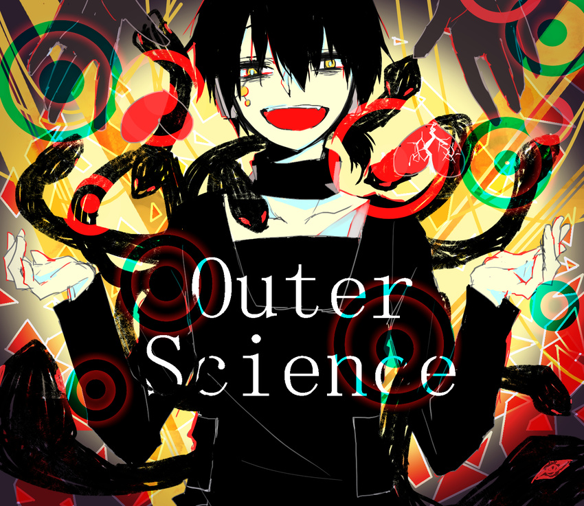 artist_request black_hair copyright_name dark_konoha hands headphones highres kagerou_project konoha_(kagerou_project) male_focus open_mouth outer_science_(vocaloid) scarf smile snake solo yellow_eyes
