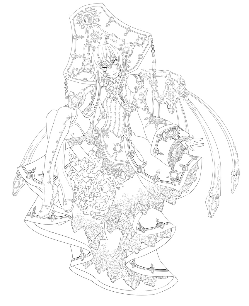 absurdres androgynous ascot boots brooch dress flat_chest frills greyscale hat head_tilt headdress highres jewelry lace lineart looking_at_viewer monochrome osamu_(jagabata) seth_nightroad short_hair sitting smile solo thigh_boots thighhighs trinity_blood