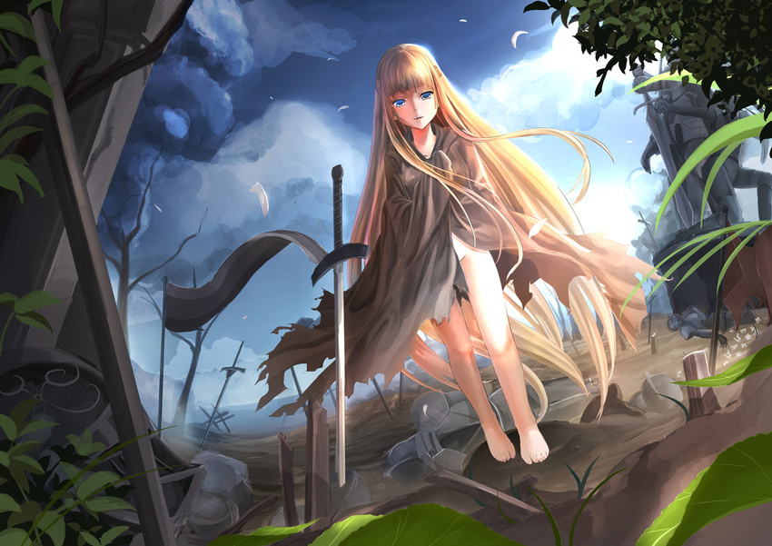 barefoot blonde_hair blue_eyes cape dutch_angle evangeline_a_k_mcdowell fangs feathers field_of_blades flat_chest highres long_hair mahou_sensei_negima! naked_cape planted_sword planted_weapon rayxray solo statue sword uq_holder! very_long_hair walking weapon