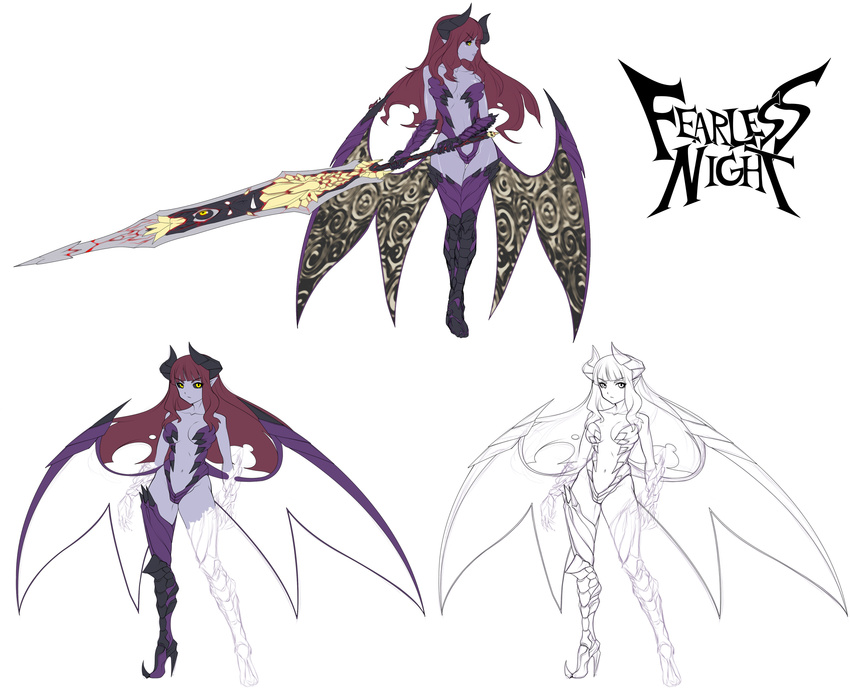 bare_shoulders black_sclera boots breasts center_opening concept_art copyright_name crossed_legs elbow_gloves fearless_night gloves hell_princess high_heels highres horns huge_weapon leotard lipstick long_hair low_wings makeup medium_breasts navel pointy_ears purple_legwear purple_lipstick purple_skin red_hair sketch spike_wible standing stiletto_heels sword thigh_boots thighhighs weapon wings yellow_eyes