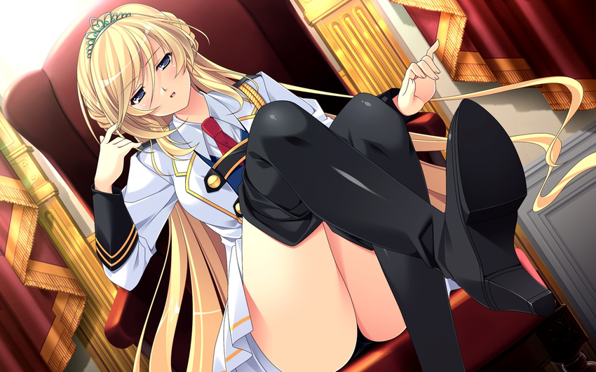 1girl amelia_rose_brettingham ankoromochi black_legwear black_thighhighs blonde_hair blue_eyes game_cg long_hair necktie school_uniform seifuku shitsuji_ga_aruji_wo_erabu_toki skirt thighhighs tiara tie uniform