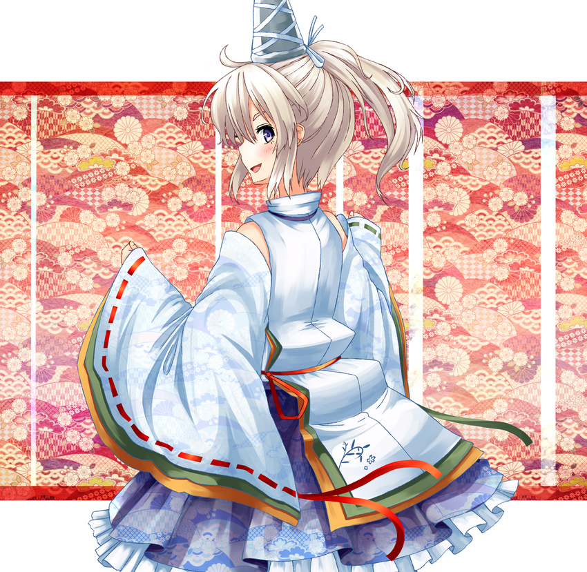 aps_(alice-momizi) detached_sleeves from_behind hat highres japanese_clothes kariginu looking_back mononobe_no_futo open_mouth ponytail ribbon short_hair silver_hair skirt smile solo tate_eboshi touhou wide_sleeves
