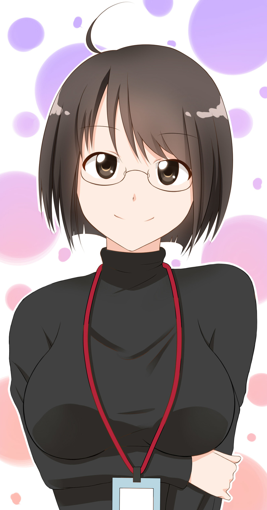 absurdres ahoge bad_id bad_pixiv_id breasts brown_eyes brown_hair glasses highres lanyard large_breasts servant_x_service shirt short_hair smile solo sweater taut_clothes taut_shirt turtleneck x&amp;x&amp;x yamagami_lucy