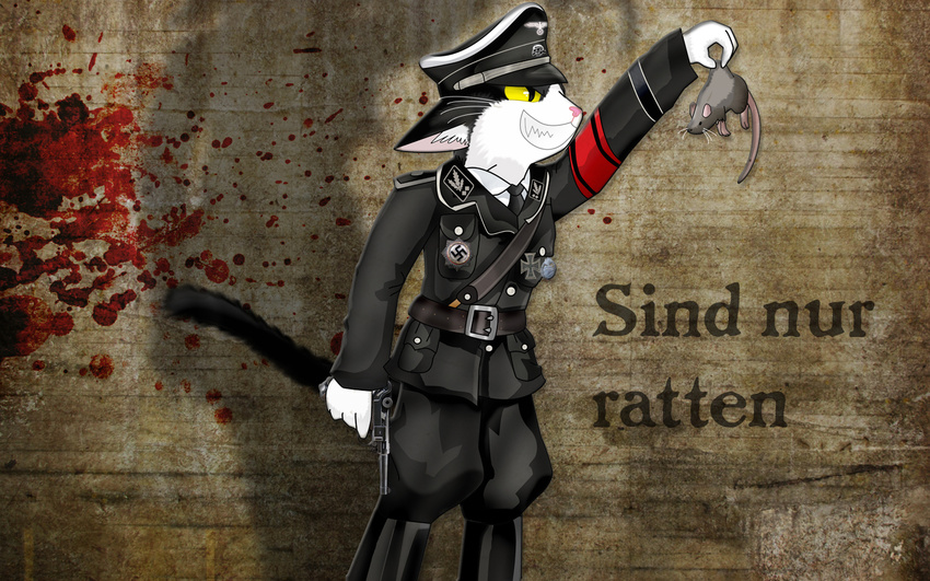 2011 anthro blood cat clothing duo feline feral german german_text gun luger male mammal nazi pistol pridark ranged_weapon rat rodent spanish_text ss text walther_po8 weapon