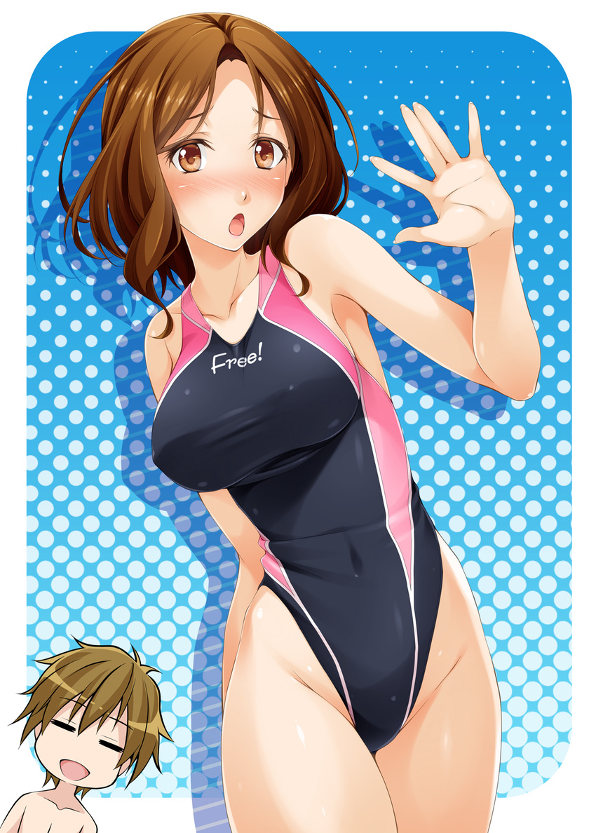 1girl :d :o =_= amakata_miho blush breasts brown_eyes brown_hair collarbone competition_swimsuit covered_navel free! halftone halftone_background highleg highleg_swimsuit highres large_breasts mukunokino_isshiki one-piece_swimsuit open_mouth shirtless short_hair smile swimsuit tachibana_makoto