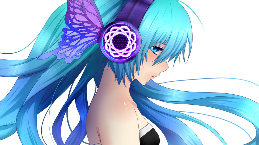 blue_eyes blue_hair daburu from_side hair_between_eyes hatsune_miku headphones highres long_hair looking_at_viewer magnet_(vocaloid) portrait simple_background solo strapless vocaloid white_background