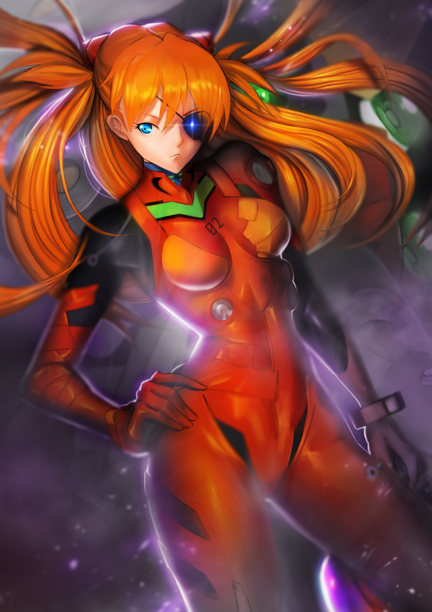 absurdres backlighting blue_eyes bodysuit breasts closed_mouth dutch_angle evangelion:_3.0_you_can_(not)_redo eyepatch frown glowing glowing_eye hair_between_eyes hand_on_hip highres long_hair looking_at_viewer medium_breasts neon_genesis_evangelion open_clothes orange_hair plugsuit rebuild_of_evangelion red_bodysuit shikinami_asuka_langley shiny shiny_clothes shiny_hair silvester solo souryuu_asuka_langley standing