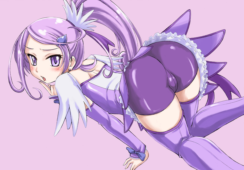 :p all_fours arm_warmers ass back bike_shorts boots choker cure_sword dokidoki!_precure dress earrings finger_to_mouth hair_ornament hairpin jewelry kenzaki_makoto long_hair magical_girl ponytail precure purple purple_eyes purple_footwear purple_hair purple_legwear purple_skirt ribbon skirt smile solo spade_(shape) spade_hair_ornament thigh_boots thighhighs tongue tongue_out wan'yan_aguda