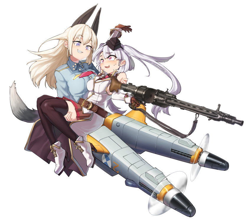 2girls ammunition_belt animal_ears animal_tail breasts commission denim eila_ilmatar_juutilainen eyes_closed full_body girls_frontline gloves gun hat high_heels holding holding_weapon long_hair machine_gun mg42 mg42_(girls_frontline) midriff morin multiple_girls necktie nike official_art open_mouth pants pleated_skirt purple_eyes sd_bigpie shirt sideboob silver_hair skirt smile solo spirtie strike_witches thighhighs twintails weapon white_hair world_witches_series