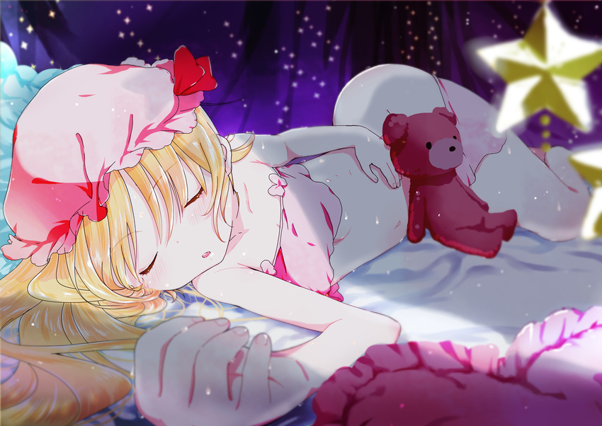 bad_id bad_pixiv_id bare_arms bare_legs bare_shoulders blonde_hair breasts censored closed_eyes collarbone convenient_censoring flandre_scarlet hat hat_ribbon hips midriff mob_cap navel open_mouth perspective ribbon shirt shirt_lift side_ponytail skirt skirt_pull sleeping small_breasts solo star strapless stuffed_animal stuffed_toy sweat teddy_bear touhou tubetop underboob underwear underwear_only yamada_ranga