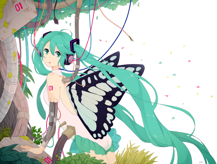 android artist_name bad_id bad_pixiv_id bare_shoulders butterfly_wings cable copyright_name grass green_eyes green_hair hatsune_miku headphones highres kise_(swimmt) leotard long_hair looking_back nail_polish necktie number open_mouth plant signature solo twintails usb very_long_hair vocaloid white_background wings