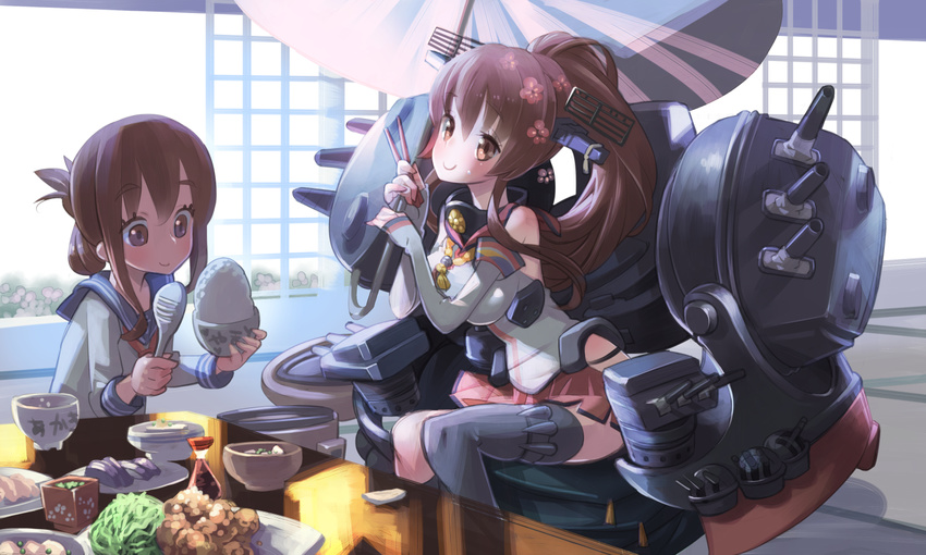 bare_shoulders bird blush bowl breasts brown_eyes brown_hair cherry_blossoms chicken chopsticks detached_sleeves flower food hair_flower hair_ornament hair_up inazuma_(kantai_collection) japanese_clothes kantai_collection large_breasts long_hair looking_at_viewer miniskirt multiple_girls oriental_umbrella ponytail rice school_uniform serafuku short_hair single_thighhigh sitting skirt smile thighhighs umbrella very_long_hair xanado yamato_(kantai_collection)