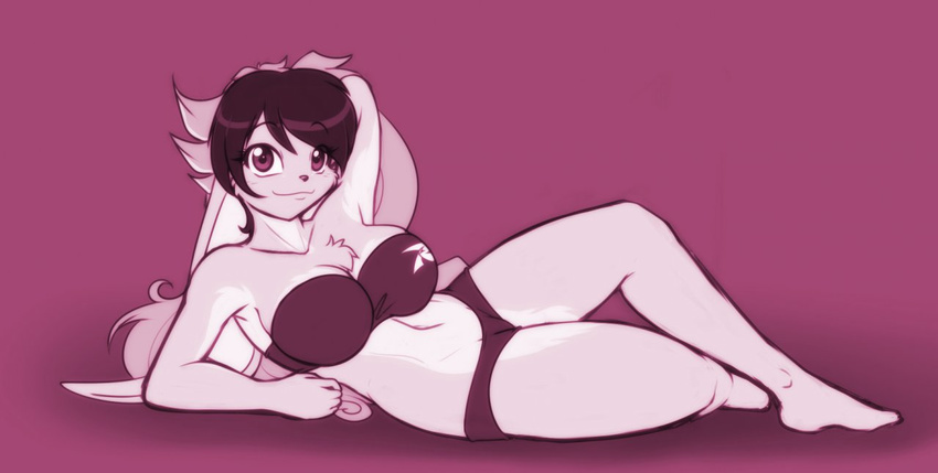 big_breasts black_hair black_nose bra breasts female floppy_ears hair lagomorph long_ears long_hair looking_at_viewer lying mammal monochrome multi-colored_hair navel pose rabbit rascals reiko_asagi reiko_usagi scorpdk smile solo thick_thighs thighs underwear wide_hips