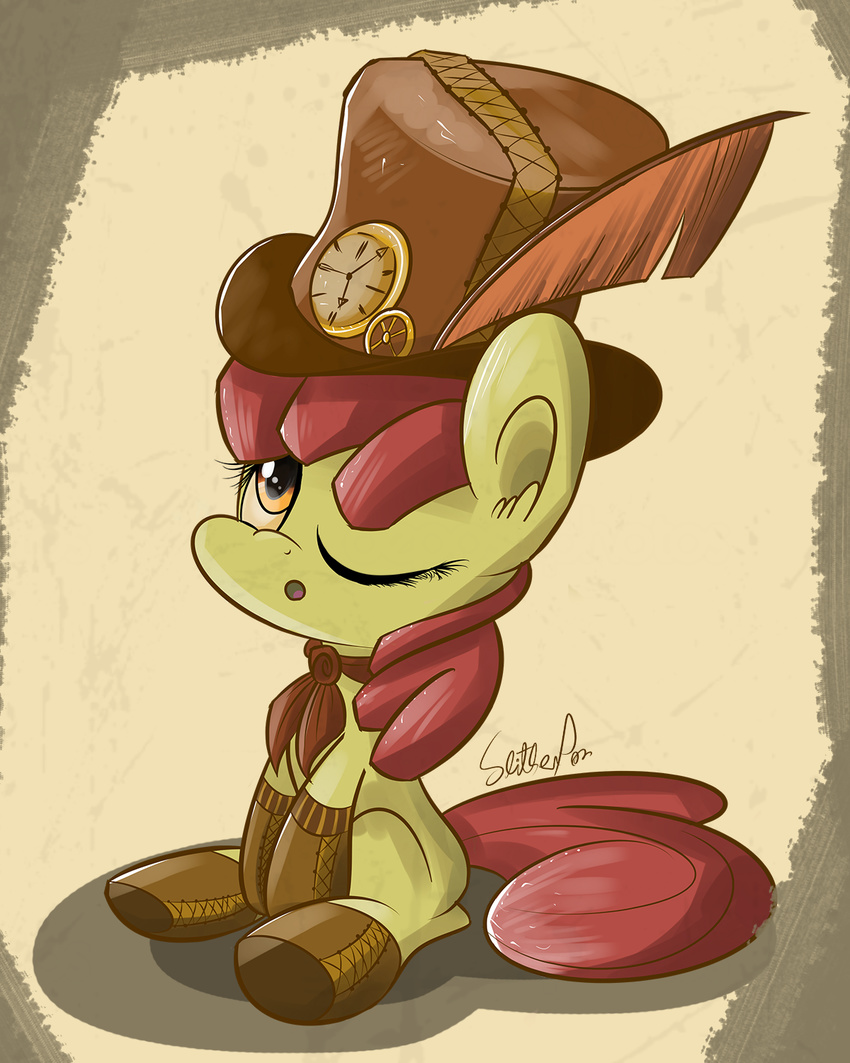 apple_bloom_(mlp) clock cub equine feather female feral friendship_is_magic hair hat horse legwear looking_up mammal my_little_pony one_eye_closed open_mouth pony red_hair scarf signature sitting slitherpon solo stockings top_hat wink young