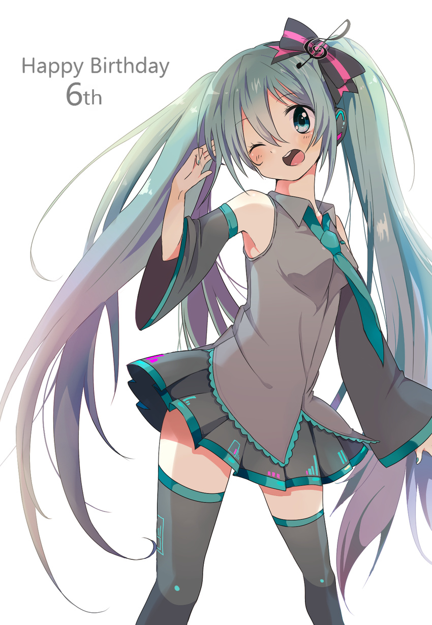 bad_id bad_pixiv_id bare_shoulders blue_eyes blue_hair bow detached_sleeves hair_bow hatsune_miku highres long_hair macaro necktie one_eye_closed open_mouth skirt solo thighhighs twintails vocaloid