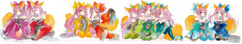 absurdres animal_ears bow detached_sleeves fate/extra fate_(series) fina_(sa47rin5) fox_ears fox_tail hair_bow highres japanese_clothes long_image multiple_girls multiple_persona palette_swap pink_hair tail tamamo_(fate)_(all) tamamo_no_mae_(fate) traditional_media watercolor_(medium) wide_image