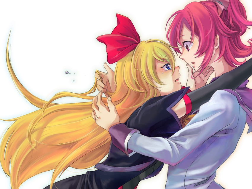 aida_mana blonde_hair blue_eyes bow dokidoki!_precure eye_contact face-to-face glomp hair_bow half_updo hand_on_another's_cheek hand_on_another's_face hug long_hair looking_at_another miko_embrace multiple_girls oogai_daiichi_middle_school_uniform pink_eyes pink_hair precure profile red_ribbon regina_(dokidoki!_precure) ribbon school_uniform shimiko_(anchobija) short_hair simple_background tears white_background yuri