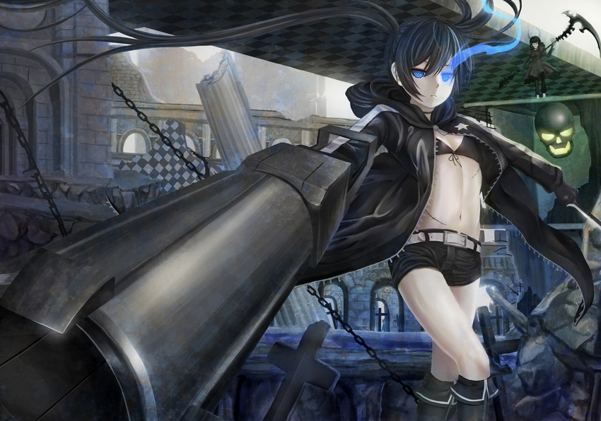 arm_cannon asymmetrical_hair belt bikini_top black_dress black_gloves black_hair black_rock_shooter black_rock_shooter_(character) blue_eyes boots burning_eye chain checkered checkered_floor cross dead_master dress dual_wielding expressionless flat_chest foreshortening gloves green_eyes highres holding hood hooded_jacket horns huge_weapon jacket knee_boots multiple_girls navel open_clothes open_jacket pale_skin rayxray ruins scar scythe short_shorts shorts skull solo_focus sword twintails weapon
