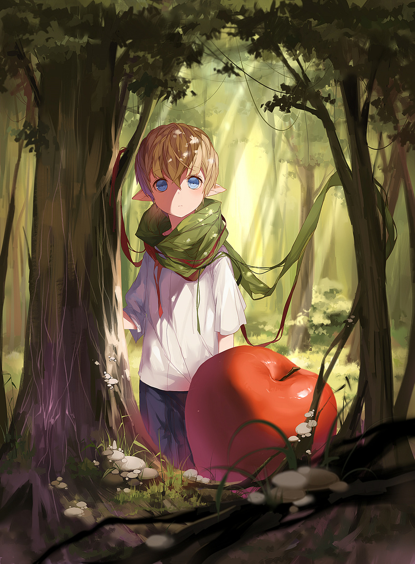 apple bad_id bad_pixiv_id blonde_hair blue_eyes blurry depth_of_field elf fantasy food forest fruit grass green_scarf highres looking_at_viewer male_focus mushroom nature original oversized_object pants plant pointy_ears scarf shirt short_sleeves solo sunlight tree vines xiao_zhangyu