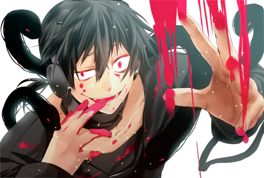 azuma_(1009ace) bad_id bad_pixiv_id black_hair blood dark_konoha fangs headphones highres kagerou_project konoha_(kagerou_project) male_focus outer_science_(vocaloid) red_eyes short_ponytail snake solo uneven_eyes white_background