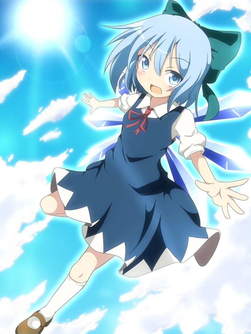 blue_eyes blue_hair blue_skirt blue_sky bow cirno cloud day do_(4-rt) hair_bow highres ice ice_wings looking_at_viewer open_mouth outstretched_arms perspective puffy_sleeves shirt short_sleeves skirt sky smile solo sun touhou wings