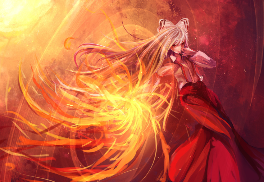 bow fire fujiwara_no_mokou gracehoo hand_to_own_mouth highres long_hair orange_(color) pants red red_eyes touhou white_hair