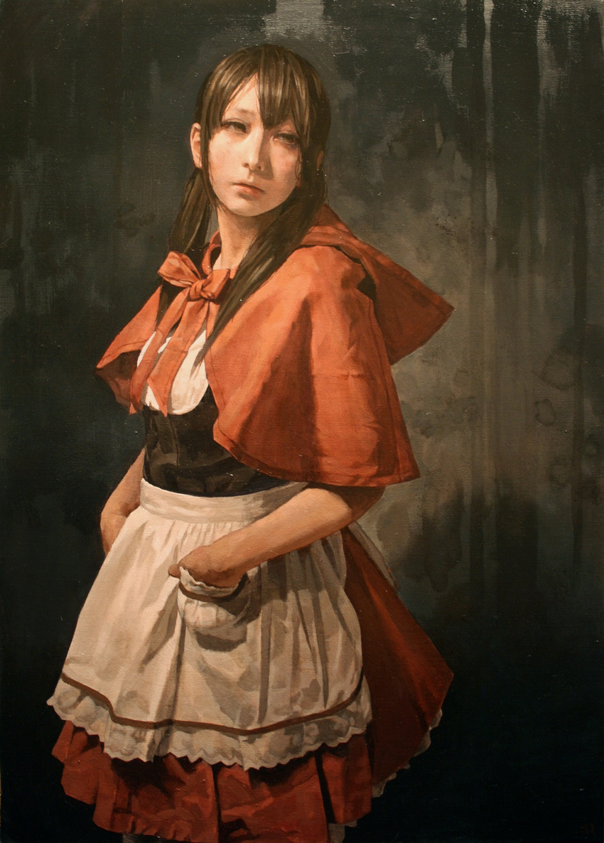 apron brown_eyes brown_hair capelet hand_in_pocket highres imai_takahiro looking_away original realistic solo traditional_media waist_apron watercolor_(medium)