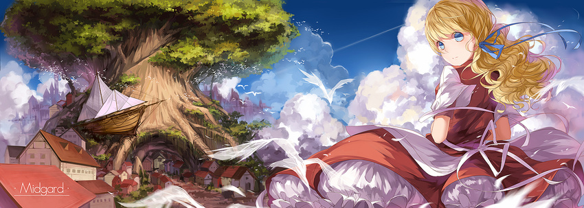 apron bad_id bad_pixiv_id bird blue_eyes blue_footwear cloud day dress dress_lift fantasy giant_tree hair_ribbon highres house long_hair looking_at_viewer looking_back original oversized_object petticoat red_dress ribbon ship shirt shoes short_sleeves solo town tree waist_apron watercraft wavy_hair wind wind_lift xiao_zhangyu