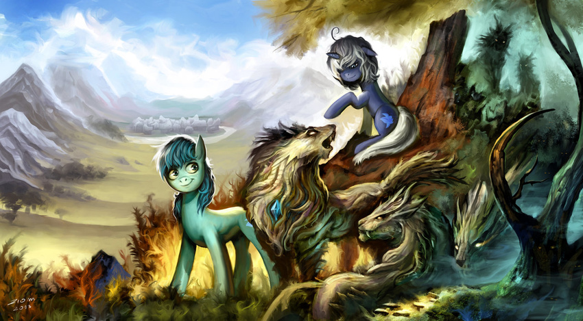 ambiguous_gender blue_fur cloud clouds cutie_mark equine fangs female feral forest friendship_is_magic fur gem glowing glowing_eyes grass green_eyes green_fur green_hair group hair hair_over_eyes horn horse landscape long_hair looking_back mammal mountain my_little_pony open_mouth original_character outside pony sky smile timberwolf_(mlp) town tree unicorn white_hair wood ziom05