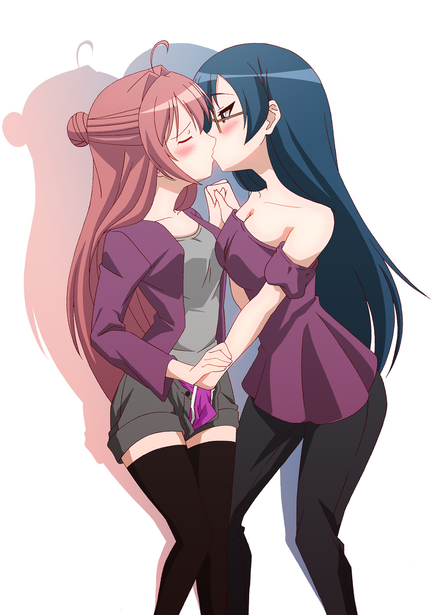 ahoge akaza_akane bare_shoulders black_legwear blue_eyes blue_hair breasts cleavage closed_eyes collarbone commentary_request crossover fingering glasses hair_bun hand_in_panties highres holding_hands horie_yui kanamemo kiss large_breasts long_hair multiple_girls nishida_haruka panties pink_panties red_hair seiyuu_connection shorts silhouette tatsuya_(guild_plus) thighhighs trait_connection underwear yuri yuru_yuri