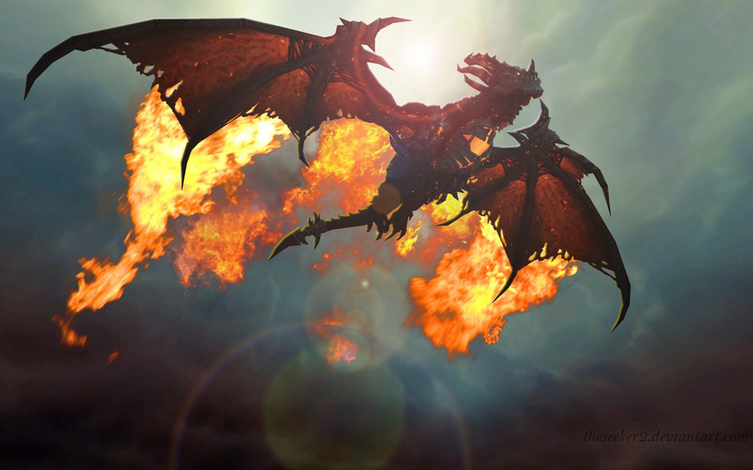 claws day deathwing dragon dragon_wings fangs feral fire flames flying glare glowing glowing_eyes horn outside red_eyes scalie sky solo sorelstrasz spikes spread_wings teeth video_games warcraft wings world_of_warcraft