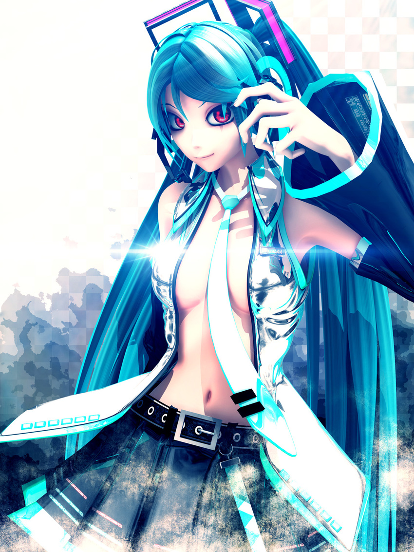 3d aqua_hair belt calne_ca cosplay detached_sleeves hair_ornament hatsune_miku hatsune_miku_(cosplay) headset highres long_hair looking_at_viewer maeda_koutarou navel necktie open_clothes open_shirt red_eyes shirt skirt smile solo twintails very_long_hair vocaloid