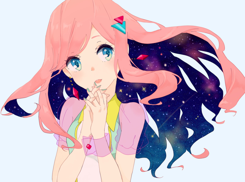 blue_background blue_eyes blush earrings hair_ornament hands_clasped jewelry kise_(swimmt) long_hair nail_polish open_mouth original own_hands_together pink_hair short_sleeves solo space star star-shaped_pupils star_(sky) symbol-shaped_pupils upper_body wrist_cuffs