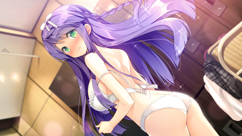 blush daikou_wakako game_cg green_eyes koi_saku_miyako_ni_ai_no_yakusoku_wo_~annaffiare~ natsume_eri panties purple_hair underwear