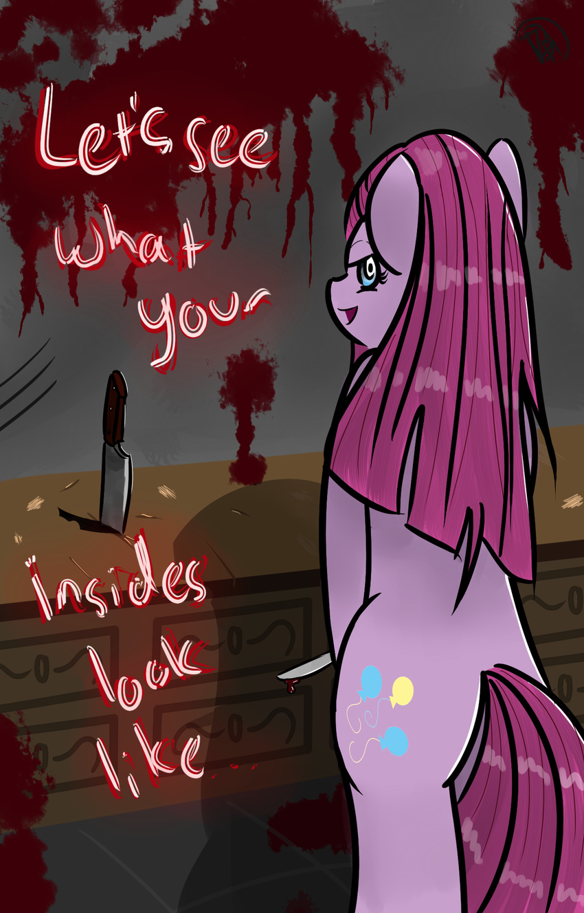 blood blood_splatter blue_eyes countertop cutie_mark dialog english_text equine female feral friendship_is_magic fur gore hair hi_res horse knife long_hair looking_at_viewer looking_back mammal my_little_pony open_mouth pink_fur pink_hair pinkamena_(mlp) pinkie_pie_(mlp) pony shadow signature smile solo standing text