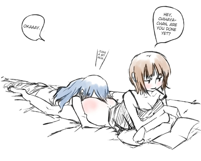 2girls amami_haruka ass blue_hair bottomless brown_hair camisole crossed_arms cunnilingus expressionless hard_translated head_on_butt hug hug_from_behind idolmaster kent_mame kisaragi_chihaya long_hair lying monochrome multiple_girls on_bed on_person on_stomach oral reading short_hair simple_background sketch spot_color translated white_background yuri