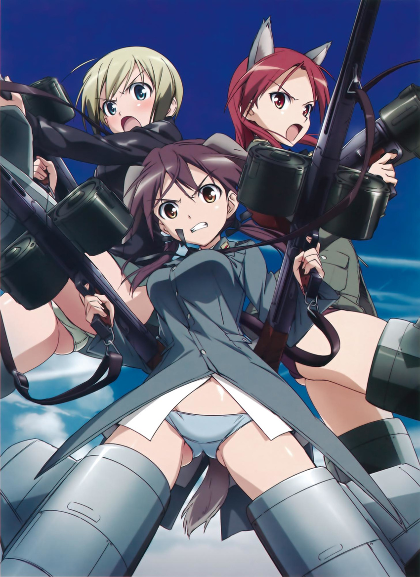 :o ahoge angry animal_ears ass ass_visible_through_thighs back-to-back bangs black_hair blue_eyes blue_panties blush brown_eyes buttons clenched_teeth cloud dog_ears dog_tail drum_magazine dual_wielding erica_hartmann fighting_stance flying gertrud_barkhorn groin gun hair_ribbon highres holding long_hair long_sleeves looking_at_viewer low_twintails lowleg lowleg_panties machine_gun mecha_musume mg42 military military_uniform minna-dietlinde_wilcke multicolored_hair multiple_girls navel no_pants official_art outdoors panties purple_hair purple_panties red_eyes red_hair ribbon scan shirt short_hair silver_hair sky spread_legs strap strike_witches striker_unit tail takamura_kazuhiro teeth twintails two-tone_hair underwear uniform v-shaped_eyebrows weapon white_panties wolf_ears world_witches_series