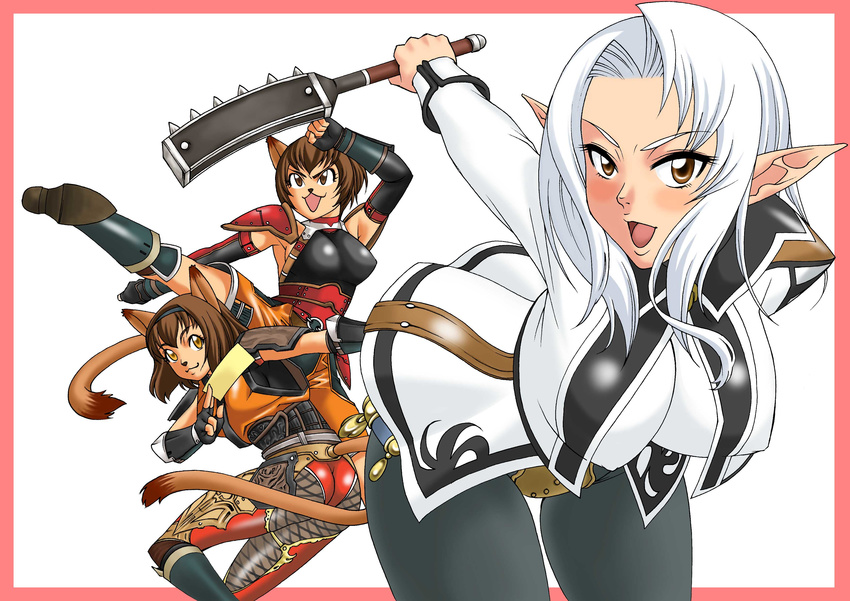 absurdres animal_ears border breasts brown_eyes brown_hair cat_ears cat_tail covered_nipples elf elvaan final_fantasy final_fantasy_xi highres large_breasts long_hair mithra monk_(final_fantasy) multiple_girls ninja ninja_(final_fantasy) pointy_ears red_border scorpion_harness shirihime tail tail_through_clothes white_hair