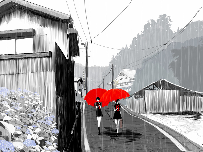 emukami multiple_girls original pale_skin power_lines rain school_uniform umbrella