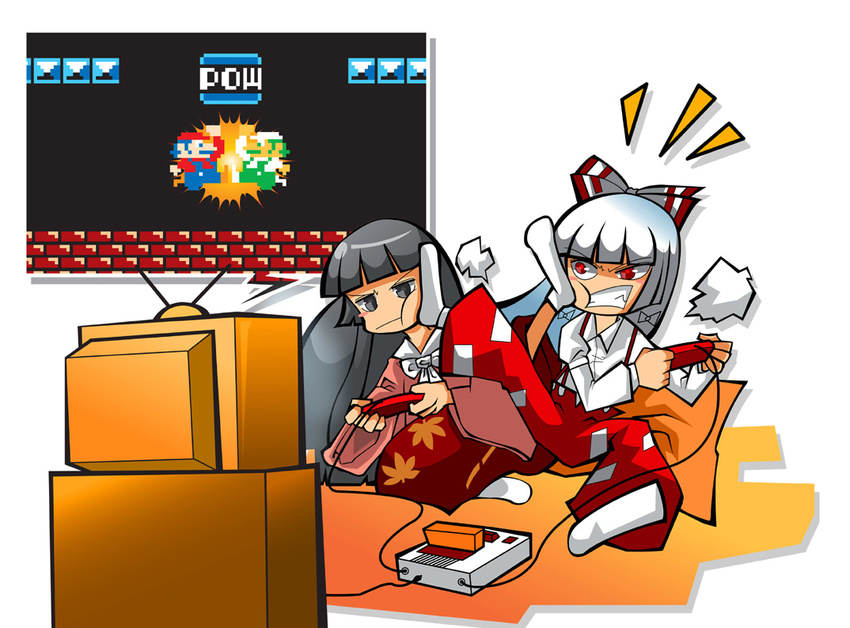 angry bad_id bad_pixiv_id black_eyes black_hair bow famicom frustrated fujiwara_no_mokou game_console hair_bow houraisan_kaguya kicking luigi mario mario_(series) mario_bros. mikihiro multiple_girls pants playing_games pow_block red_eyes rivalry super_mario_bros. suspenders touhou video_game white_hair