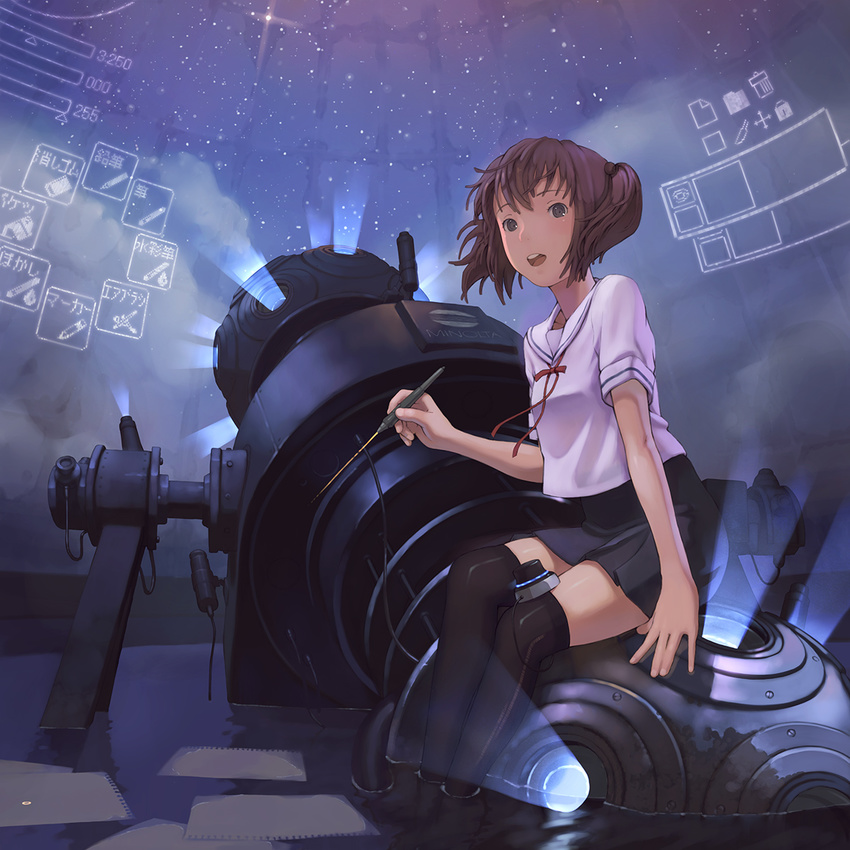 brown_hair crossed_legs hands highres legs lights oekaki_musume open_mouth original planetarium school_uniform shizuma_yoshinori sitting skirt sky solo star_(sky) starry_sky stylus thighhighs twintails water zettai_ryouiki