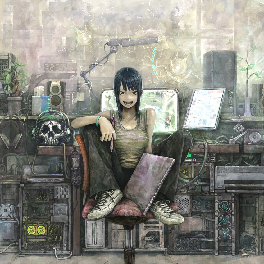 bad_id bad_pixiv_id banned_artist black_hair breasts brown_eyes cat cellphone chair clock computer electricity fangs grey_eyes headphones headset highres keyboard_(computer) lamp laptop large_breasts legs_up oekaki_musume open_mouth original otaku_room pen phone pixiv plant printer radio realistic rubber_band shoes short_hair sitting sitting_sideways skull smile sneakers solo surreal tank_top teeth tongue yanmar