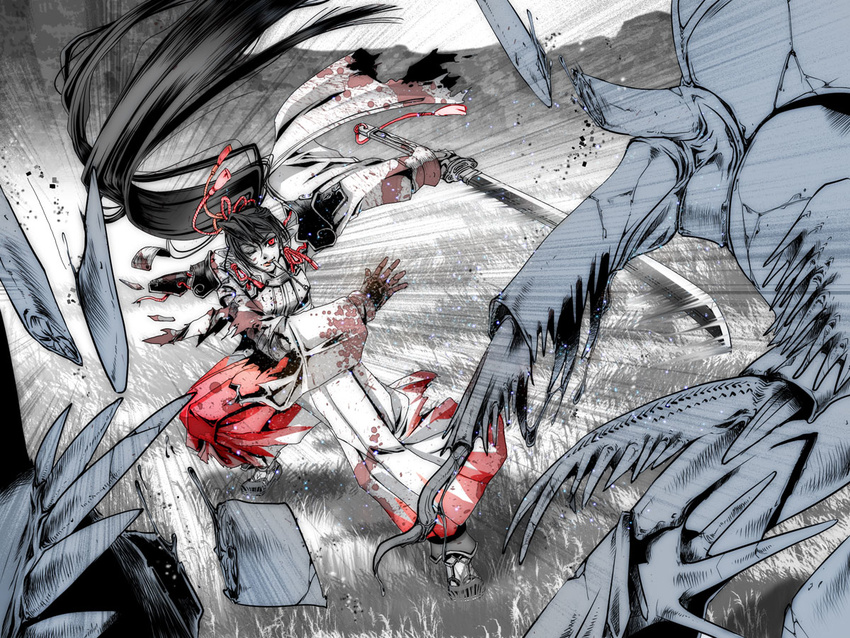 battle black_hair japanese_clothes long_hair monster mouth_hold one_eye_closed pixiv_fantasia pixiv_fantasia_2 ponytail red_eyes sword takayama_dan torn_clothes weapon