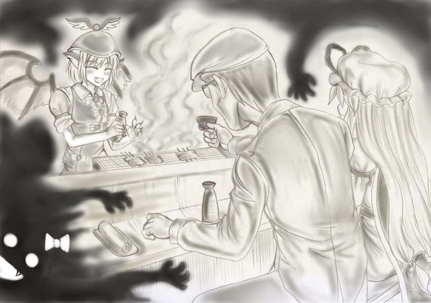 3girls alcohol animal_ears bad_id bad_pixiv_id darkness drink fang food food_stand grill hat ippo_(pixiv384625) monochrome multiple_girls mystia_lorelei rumia sake sepia silhouette_demon sketch touhou wings yakumo_yukari yatai zun