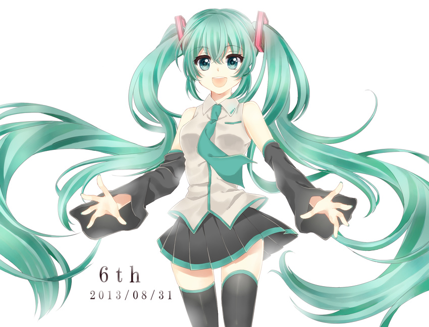 2013 bad_id bad_pixiv_id dated detached_sleeves green_eyes green_hair hatsune_miku highres long_hair necktie open_mouth shina_(tori-sai10) skirt solo thighhighs twintails very_long_hair vocaloid white_background
