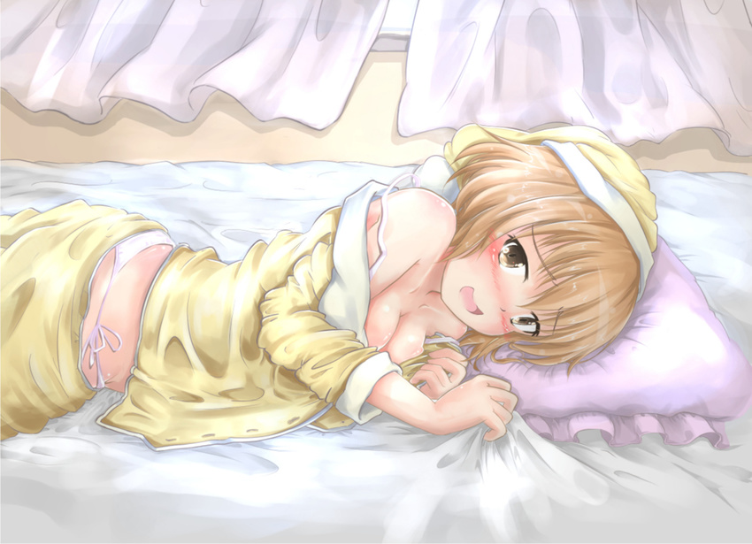 bangs bed bed_sheet blush breasts brown_hair cleavage collarbone curtains hat idolmaster idolmaster_cinderella_girls indoors kita_hinako long_sleeves looking_at_viewer lying medium_breasts nightcap nose_blush on_bed on_side pajamas pillow short_hair solo valiant1227 wet