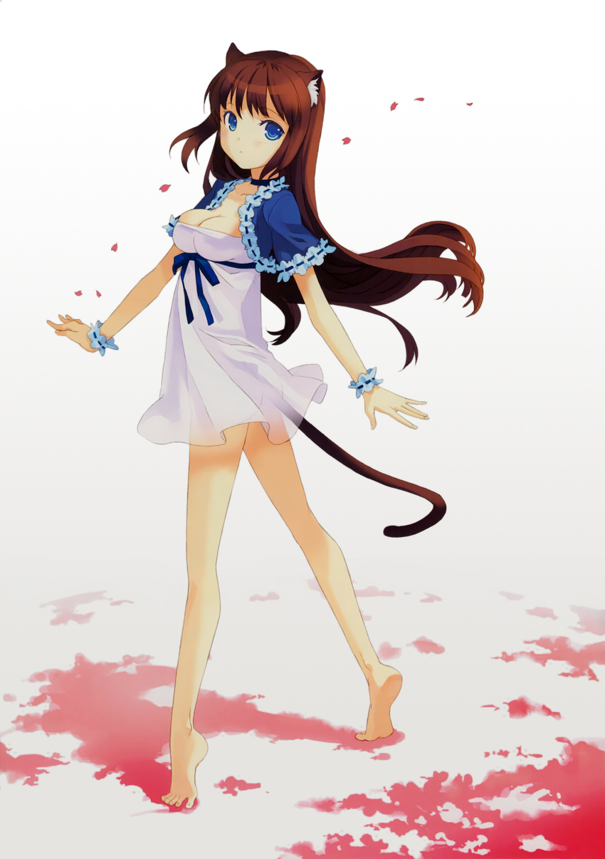 animal_ears ass barefoot blue_eyes breasts brown_hair cat_ears cat_tail choker cleavage cropped_jacket dress feet full_body h2so4 highres long_hair medium_breasts no_panties original petals scan see-through see-through_silhouette soles solo spread_toes tail tiptoes twisted_torso walking white_dress
