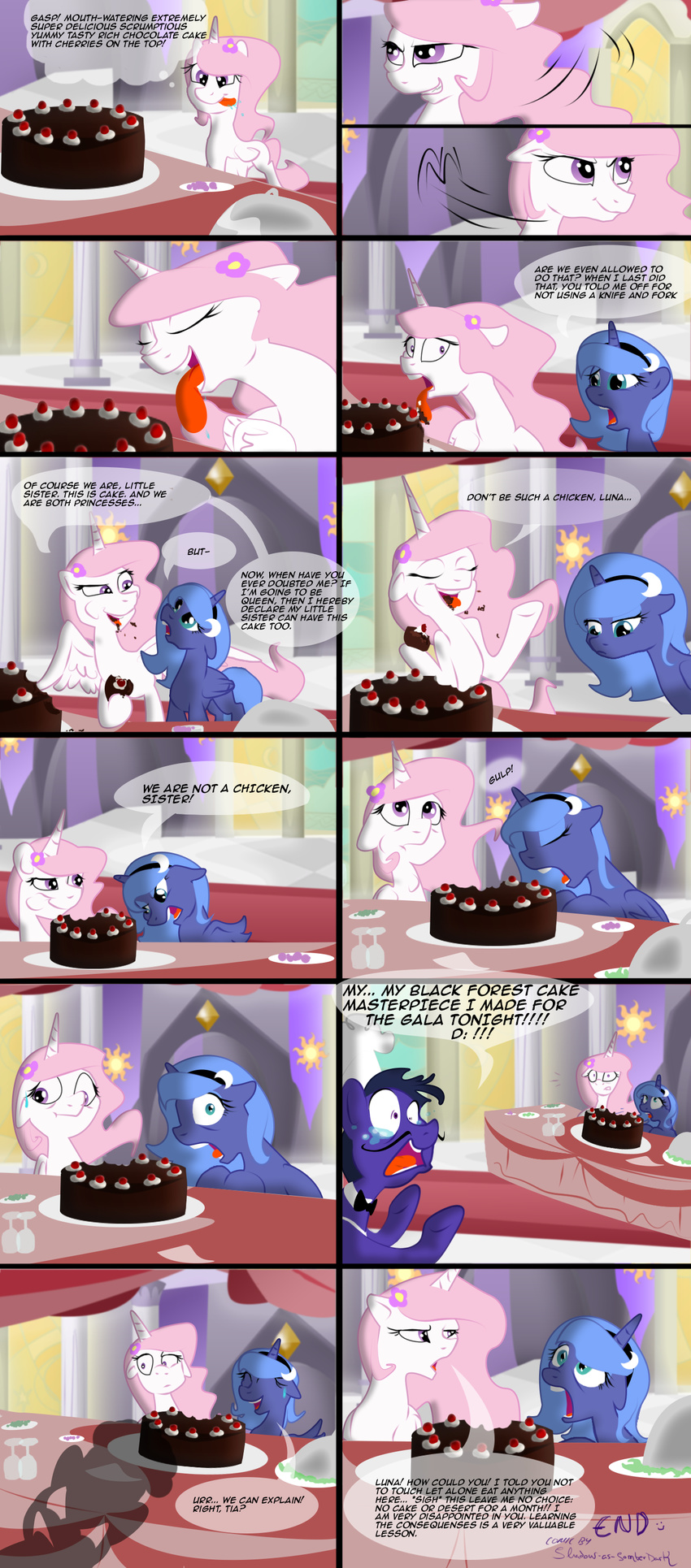 blue_eyes blue_fur blue_hair cake comic cutie_mark dialog eating english_text equine eyes_closed female feral food friendship_is_magic fur group hair hairband horn horse long_hair mammal my_little_pony open_mouth pink_hair plate pony princess_celestia_(mlp) princess_luna_(mlp) purple_eyes shadow-as-somberdark sibling sisters sitting smile tears text tongue tongue_out white_fur winged_unicorn wings