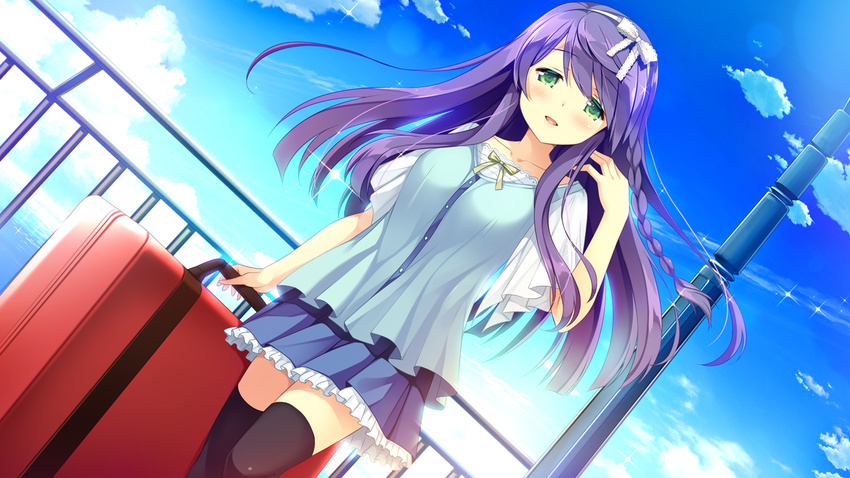 blush daikou_wakako game_cg koi_saku_miyako_ni_ai_no_yakusoku_wo_~annaffiare~ natsume_eri skirt sky thighhighs